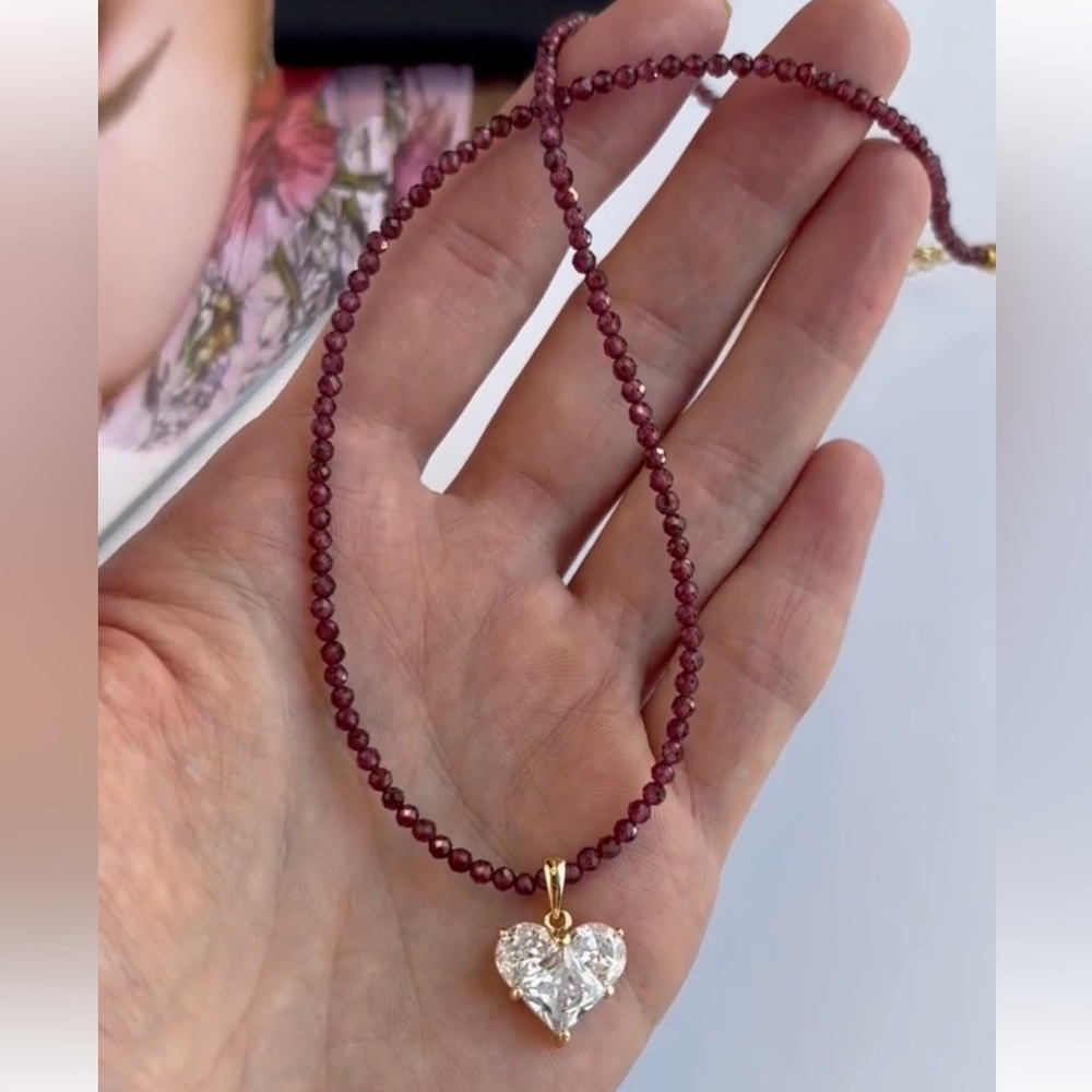 Elegant Crystal Heart Pendant Necklace with Natural Ruby Beads